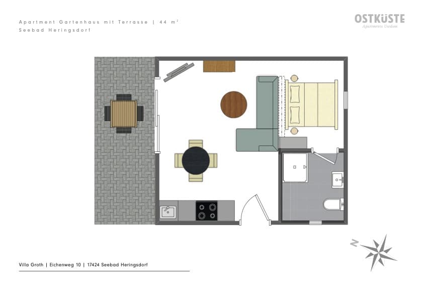 Villa Groth No. 10 | 1 Bedroom Gartenhaus | Terrace — accommodation at OSTKÜSTE Boutique Apartments, Seebad Ahlbeck — photo 16 of 17