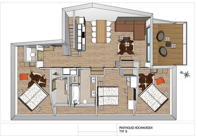 Sun Lodge | 3 bedroom panorma Penthousse apartment with gallery | terrace | sofa bed | sunset view | Ceiling Cooling | Indoor pool, garden, relax area, sauna & gym — Schladming Appartements Maria Gruber GmbH, Schladming (42/43)